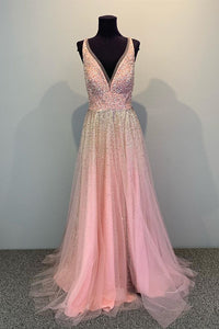A-line V-Neck Sequin Long Pink Prom Dress