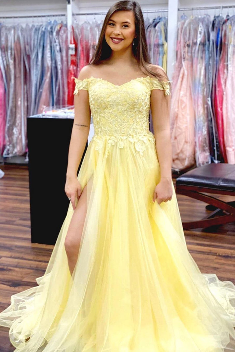 Elegant A-Line Off the Shoulder Yellow Prom Dress with Slit