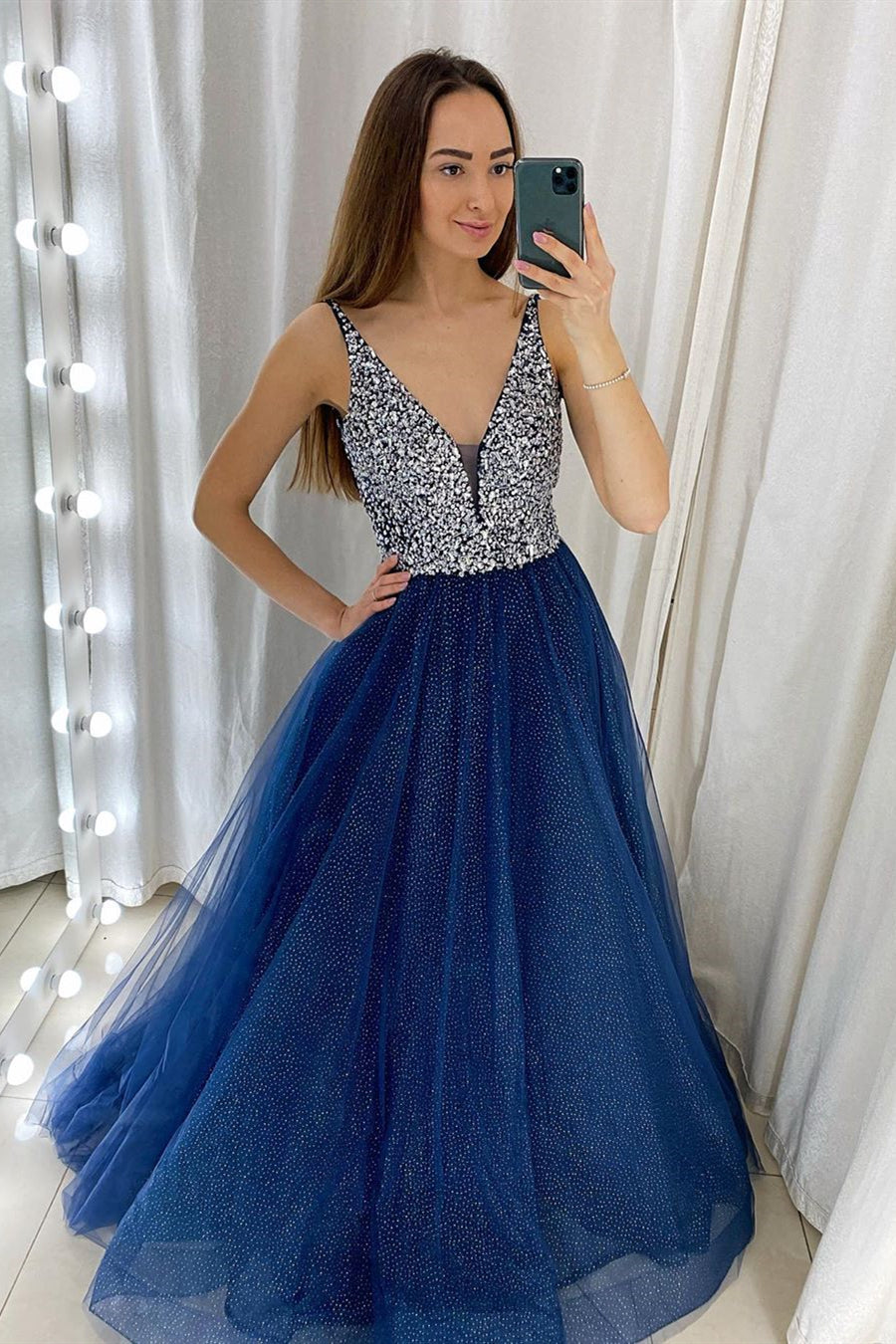 Glitter V Neck Navy Blue Long Prom Dress with Sequins