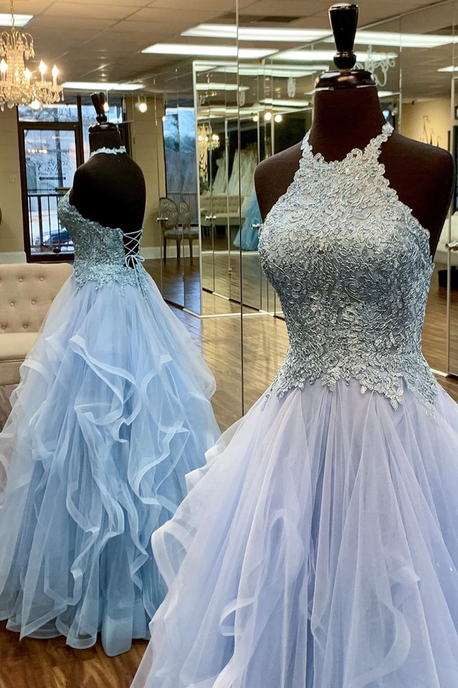 Elegant A-Line Halter Appliques Light Blue Prom Dress