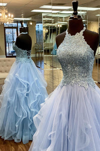 Elegant A-Line Halter Appliques Light Blue Prom Dress