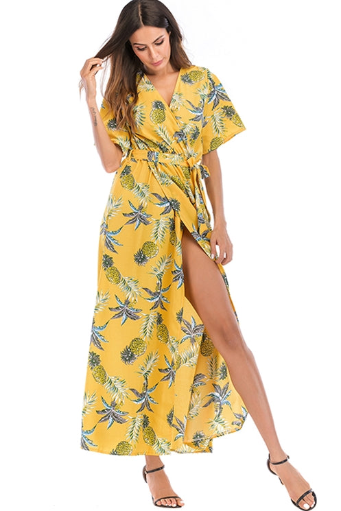 Style Pineapple Printed Maxi Dress with Wrap Front