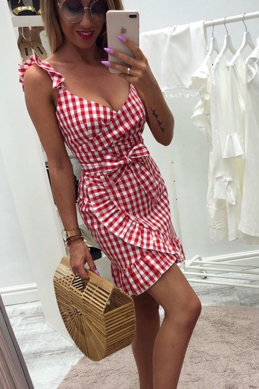 Red Checked Fitted Short Dress