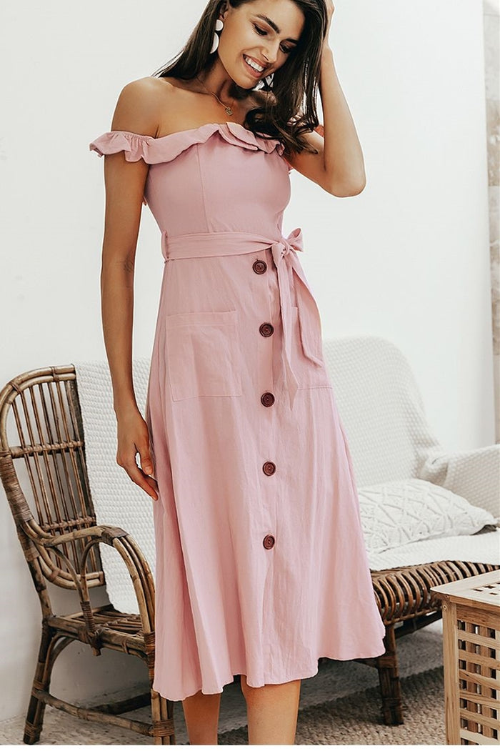 Off the Shoulder Pink Midi Dress with Sash