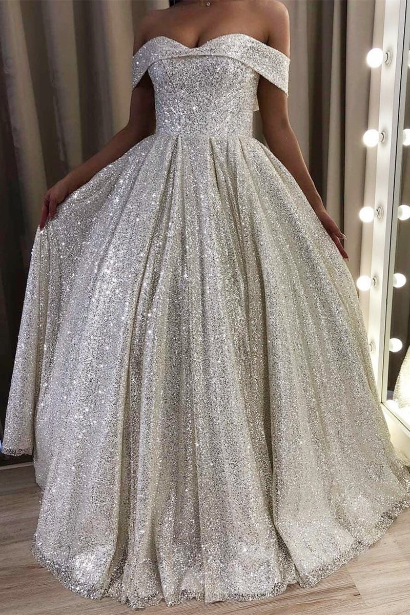 Glitter Off the Shoulder Silver Sequins Evening Dress