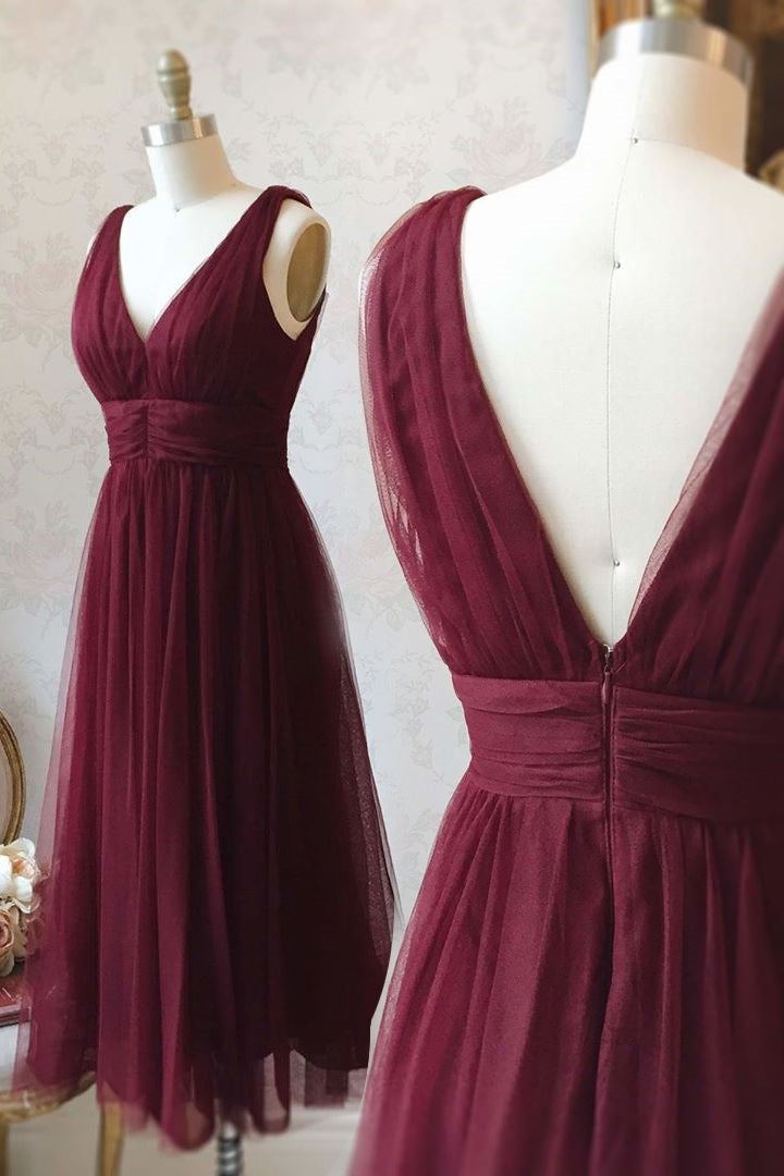 Burgundy V Neck Empire Tulle Short Homecoming Dress