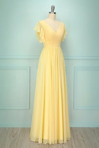 Elegant V Neck Pleated Yellow Bridesmaid Dress with Ruffles