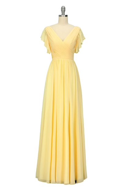 Elegant V Neck Pleated Yellow Bridesmaid Dress with Ruffles