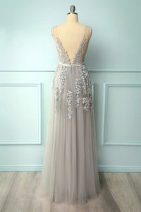 A-line Low V-Back Grey Bridesmaid Dress with Lace
