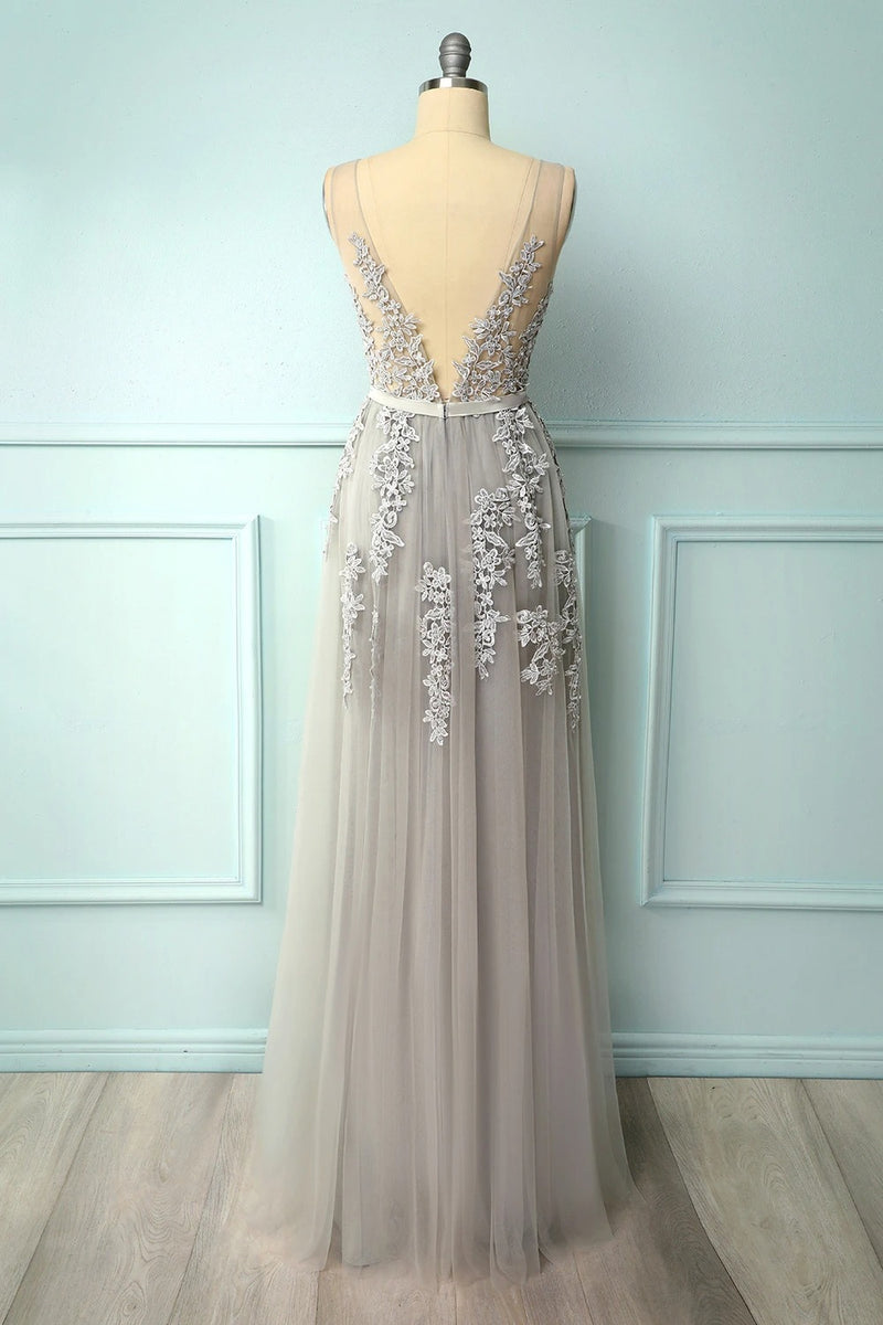 A-line Low V-Back Grey Bridesmaid Dress with Lace