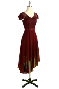 High Low Short Sleeves Burgundy Bridesmaid Dress