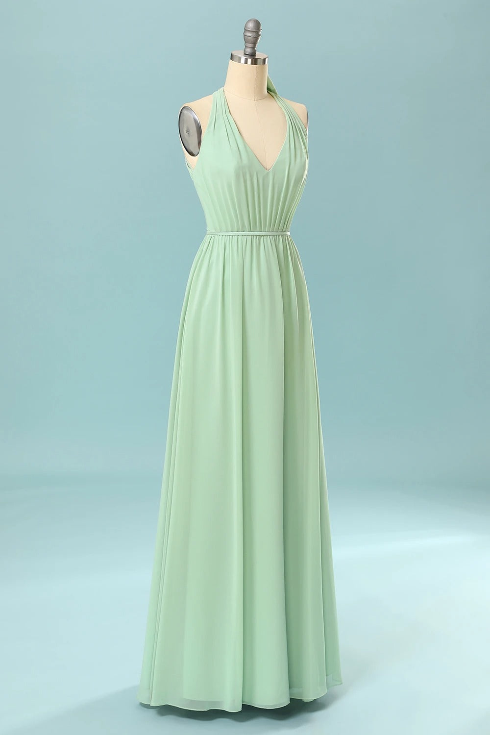 Halter Mint Green Bridesmaid Dress with Bowknot