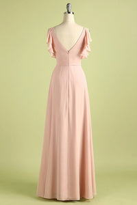 Elegant V Neck Pleated Pink Bridesmaid Dress with Ruffles