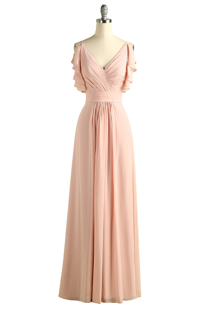 Elegant V Neck Pleated Pink Bridesmaid Dress with Ruffles