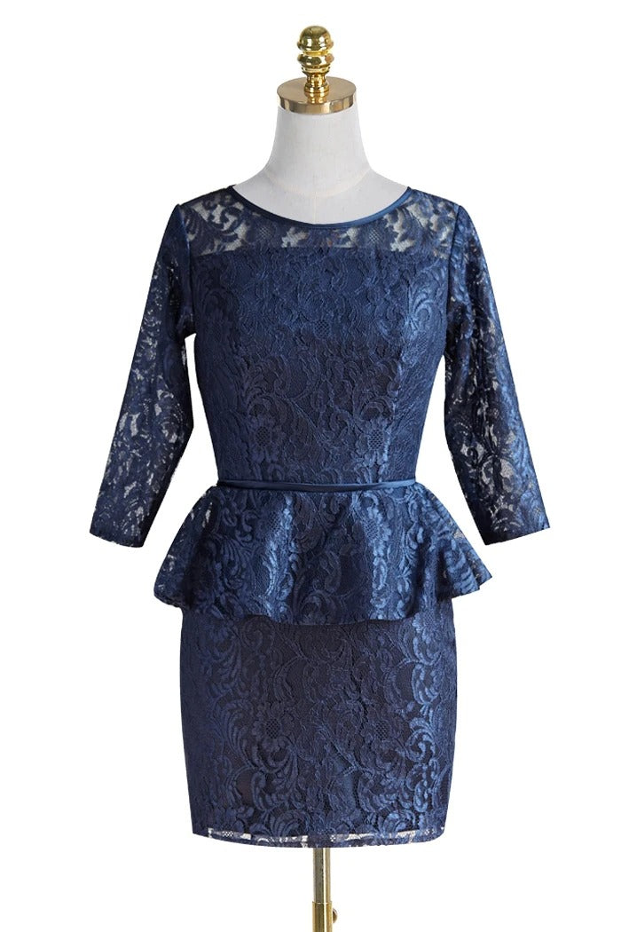 Long Sleeves Navy Blue Short Lace Mother of the Bridal Dress