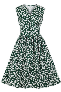 Empire Daisy Flowers Dark Green Vintage Dress