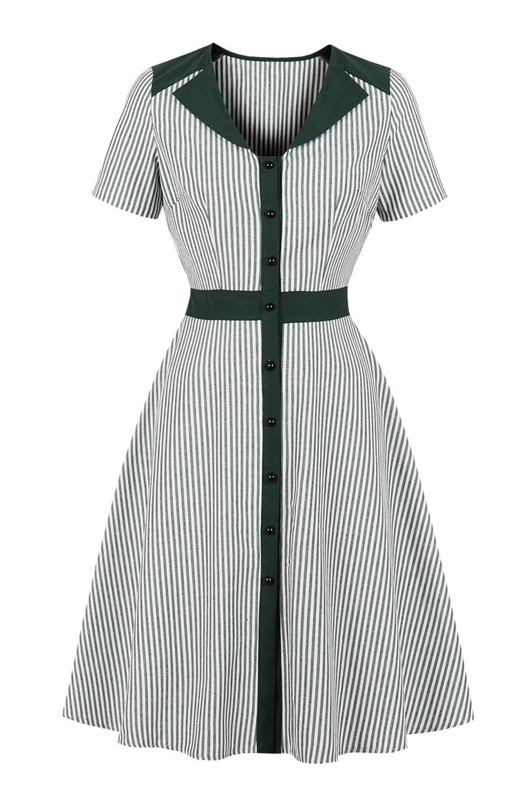 Lapel Collar 1950s Vintage Dark Green Striped Dress
