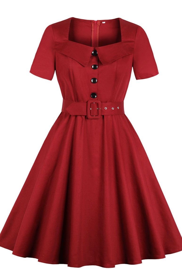 50s Vintage Burgundy Square Collar Dress