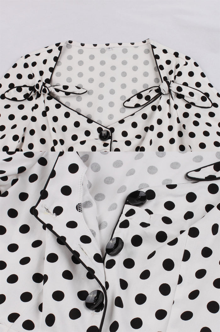 Belt Sleeves Black Dots Fitted Vintage Dress