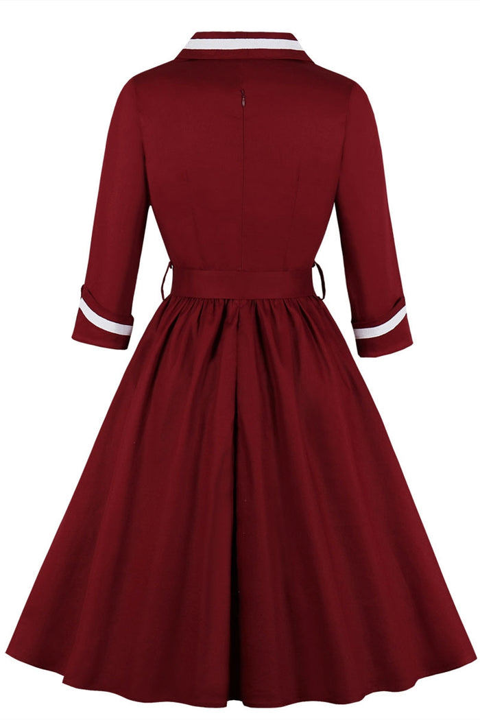 Long Sleeves Burgundy 1950s Vintage Dress