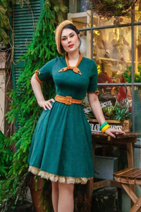 1950s Vintage Dark Green Short Sleeves Dress