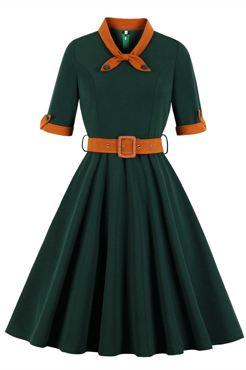 1950s Vintage Dark Green Short Sleeves Dress
