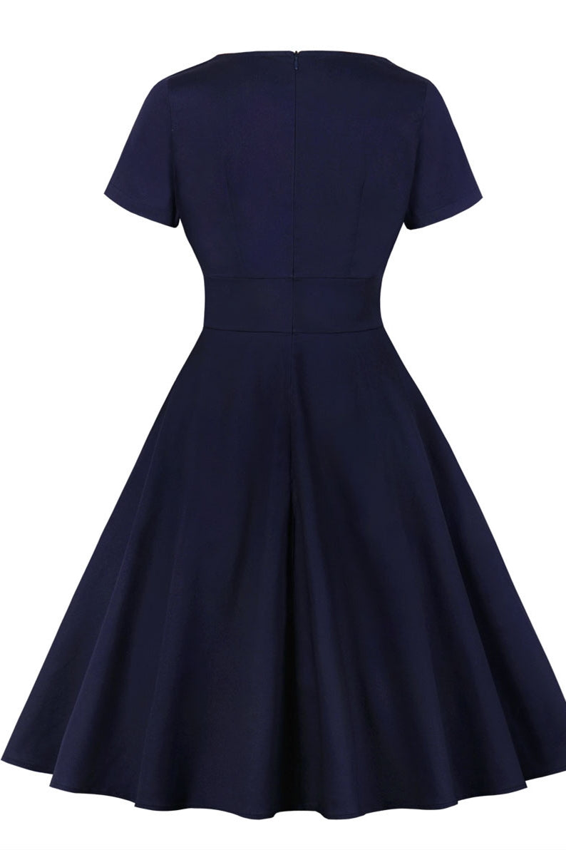 50s Vintage Navy Blue Short Sleeves Dress