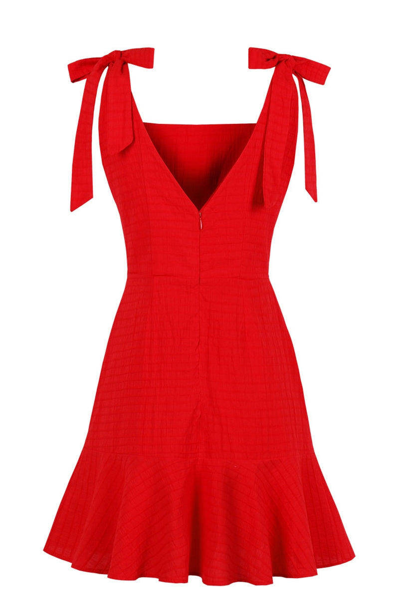 Tie Shoulder Red Ruffled Dress