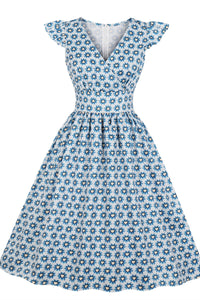 Flutter Sleeves Blue Short Vintage Dress