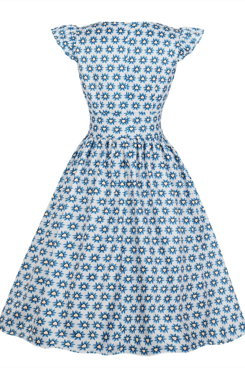 Flutter Sleeves Blue Short Vintage Dress