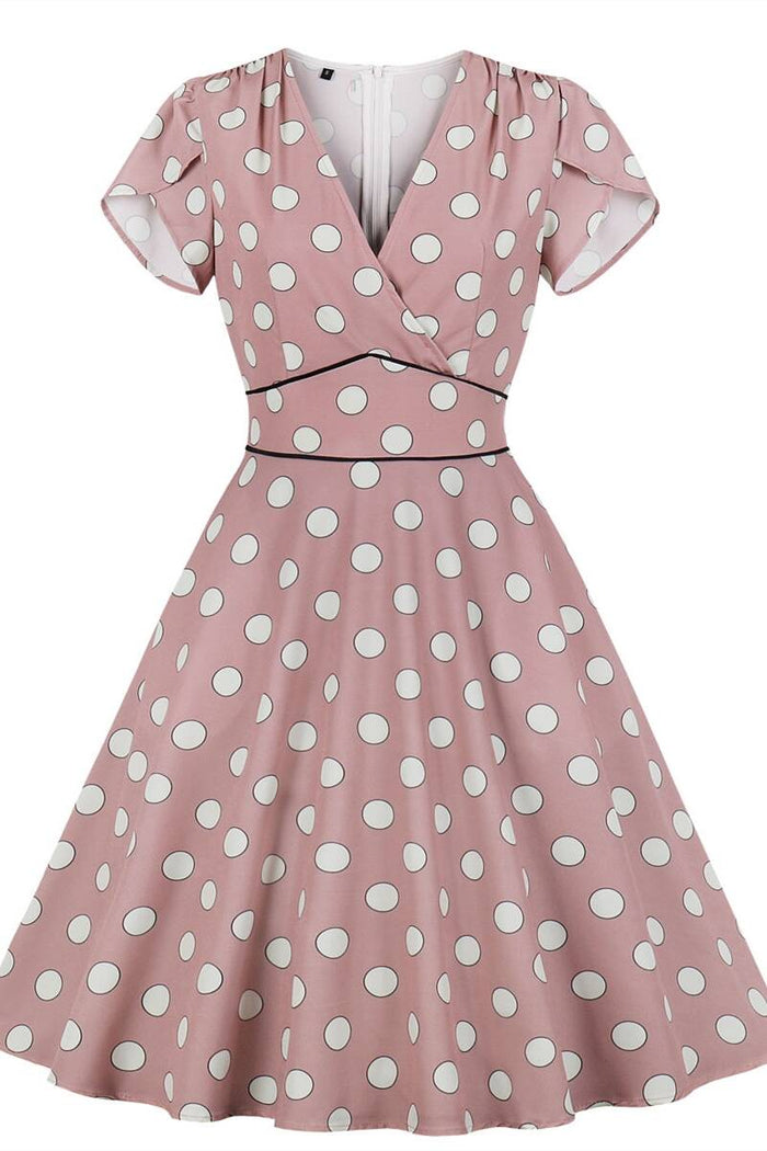 Retro Pink Polk Dots Dress with Flutter Sleeves