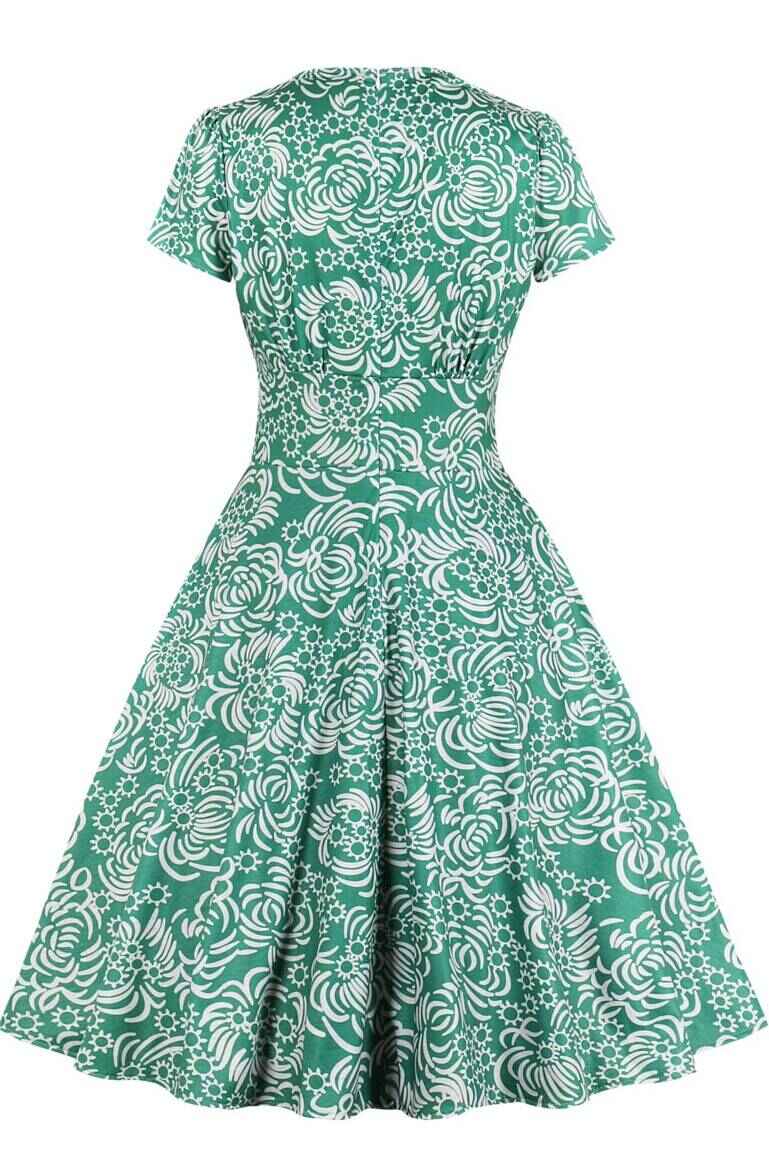 Green Flowers Print Retro Summer Dress