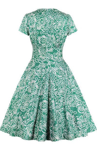 Green Flowers Print Retro Summer Dress