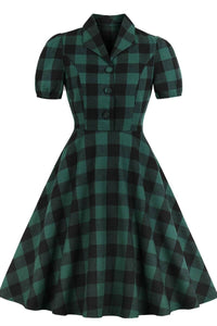 Vintage Plaid Green Dress with Puffy Sleeves