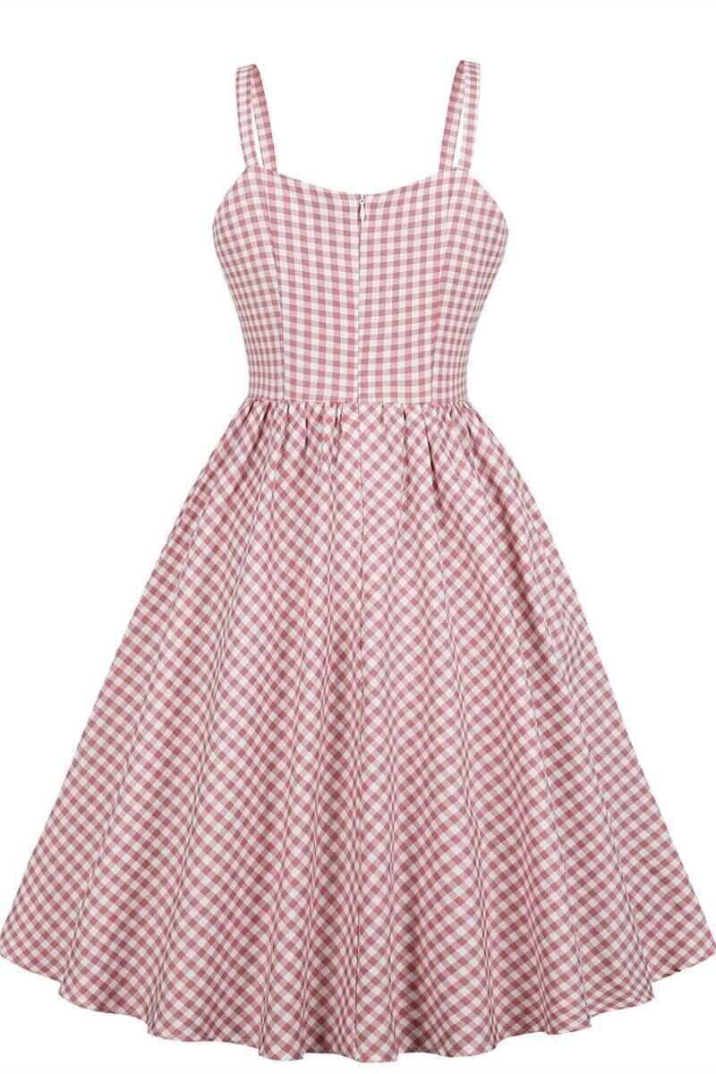 Vintage Style Pink Checked Summer Dress with Bow