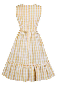 1940s Yellow Paid Pattern Ruffled Hem Dress