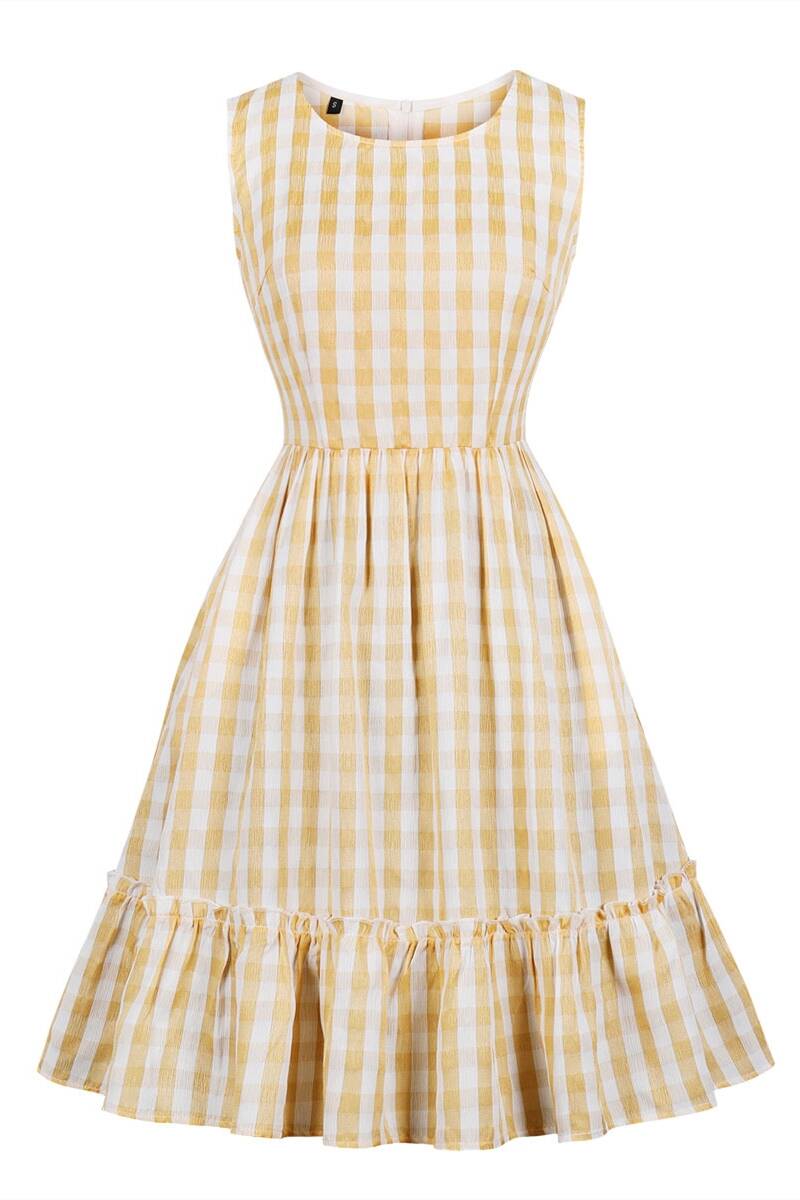 1940s Yellow Paid Pattern Ruffled Hem Dress