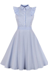 1940s Blue Ruffled Turn Down Collar A-line Dress