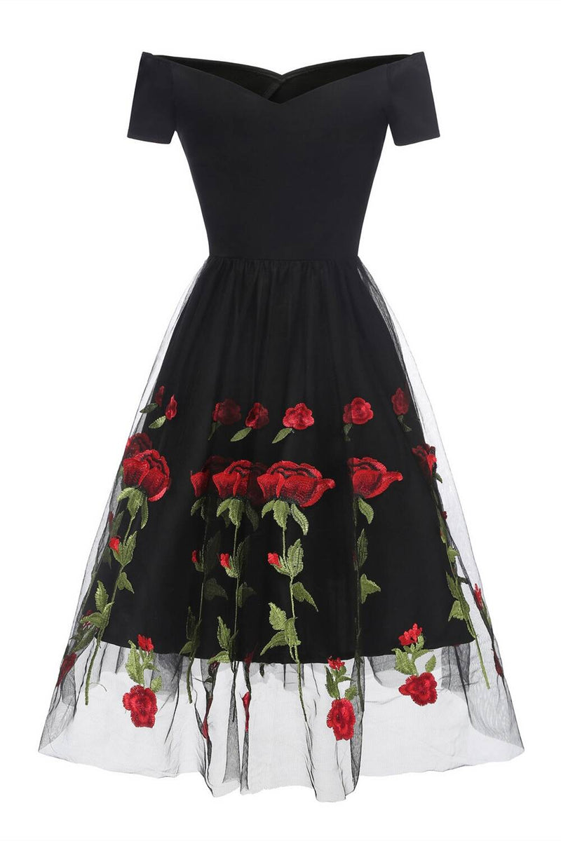 Vintage Off Shoulder Rose Embroidery Dress