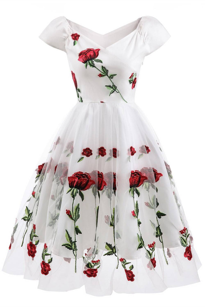 Vintage Off Shoulder Rose Embroidery Dress