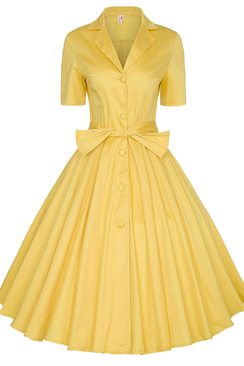 Yellow Lapel Collar 1950s Vintage Dress with Sash