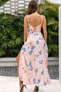 Two Piece Lace-Up Long Pink Floral Sundress