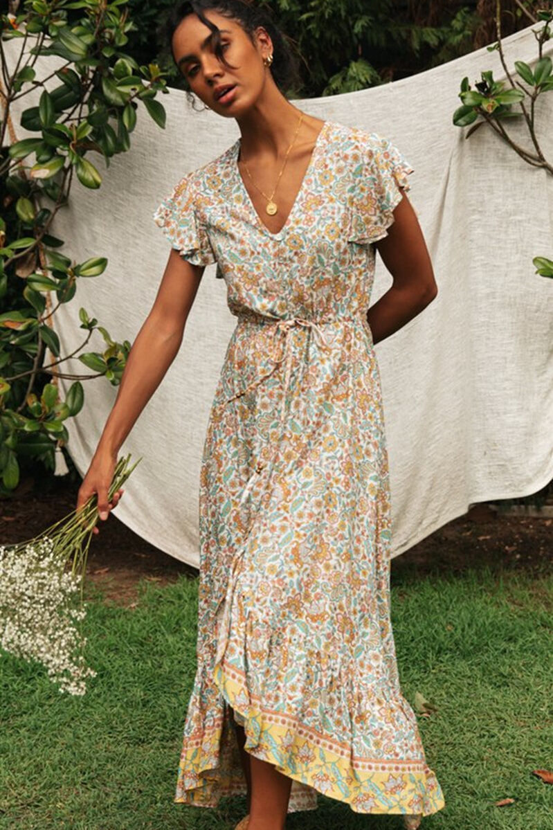 Ruffled Sleeves Long V-Neck Floral Sundress