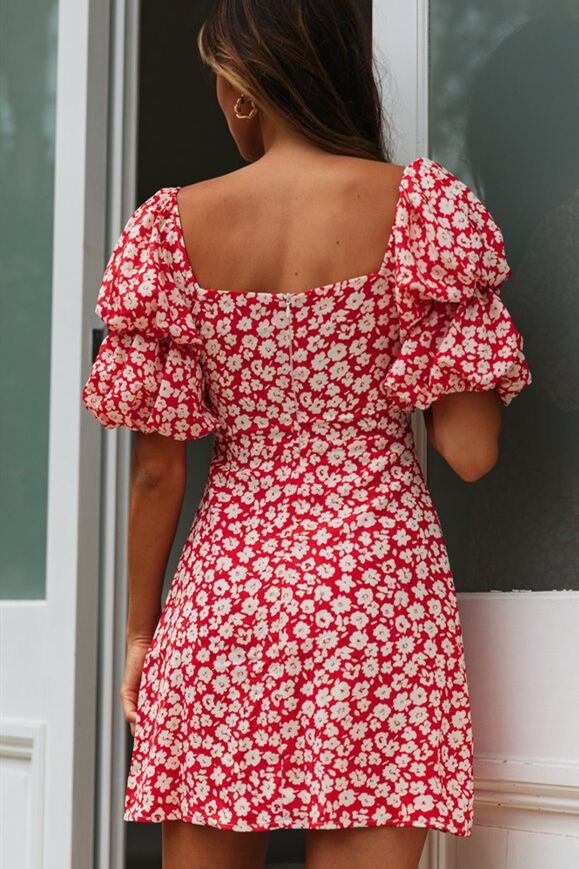 Puffy Sleeves Short Sexy Red Floral Sundress