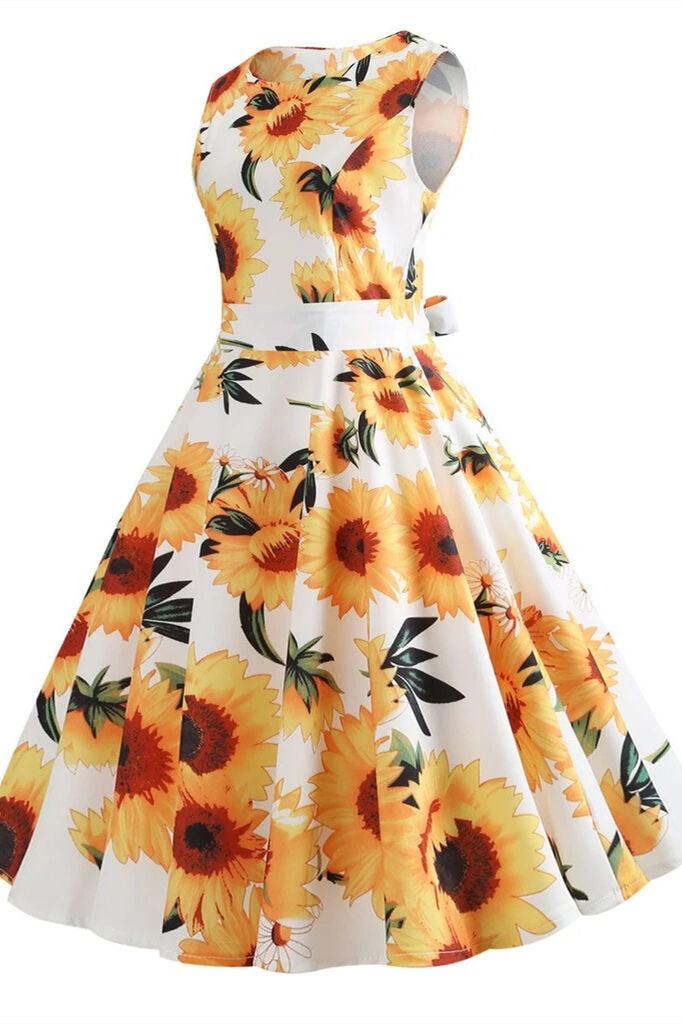 1950s Floral Yellow and White Dress