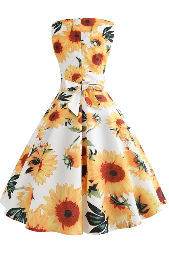 1950s Floral Yellow and White Dress