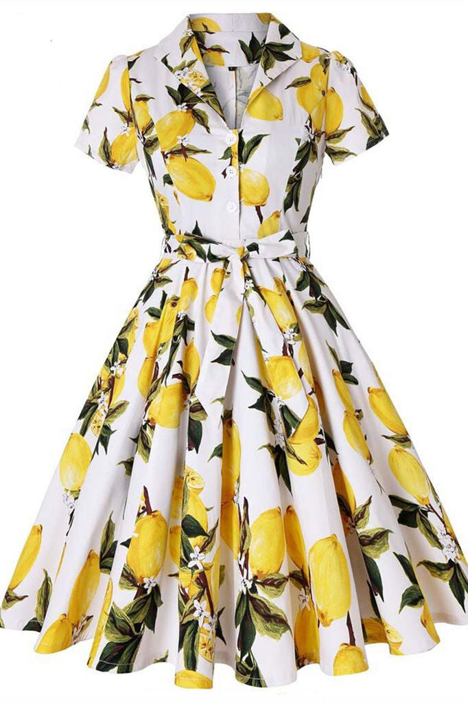 1950s Vintage Yellow Lemon Bow Dress