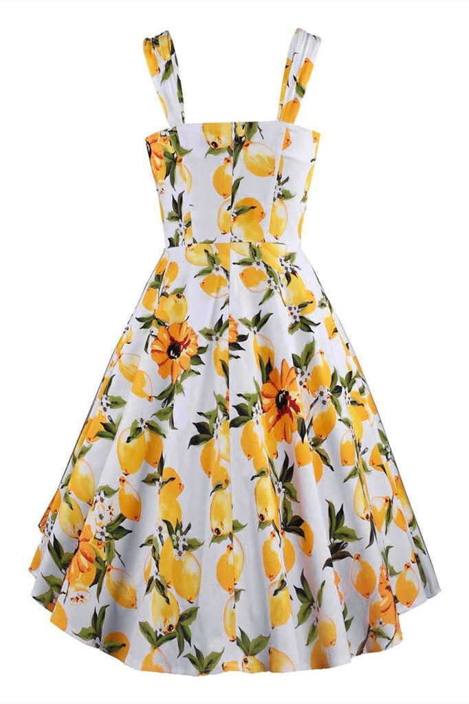 1950s Vintage Straps Floral Lemon Dress
