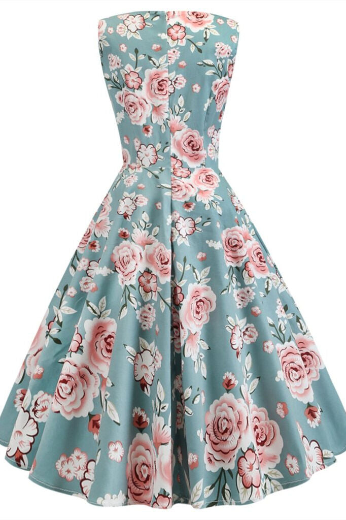 1950s Vintage Sleeveless Blue Floral Dress