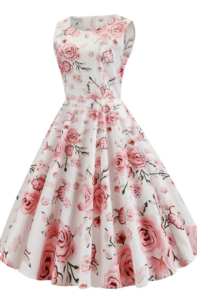 1950s Vintage Pink Floral Swing Dress